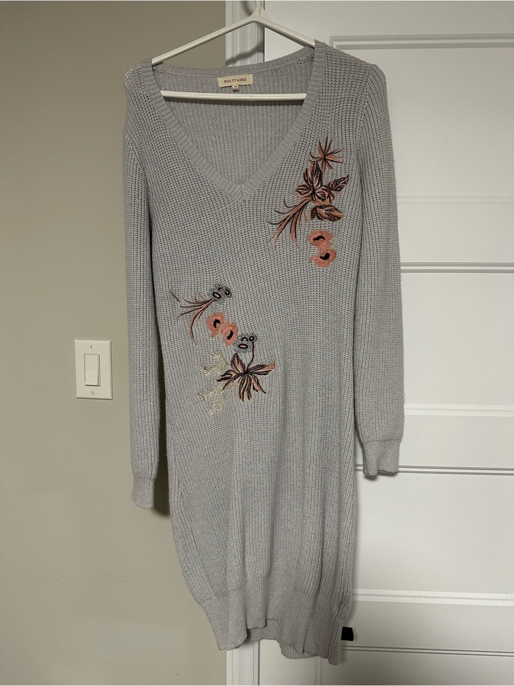 Solitaire Light Gray V-Neck Sweater Dress with Floral Embroidery